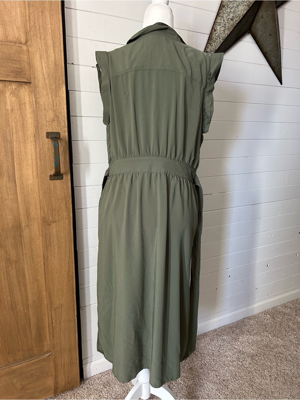 Sz L Banana Republic Sleeveless Olive Midi Shirt Dress button down w/ Waist Tie - Picture 2 of 7